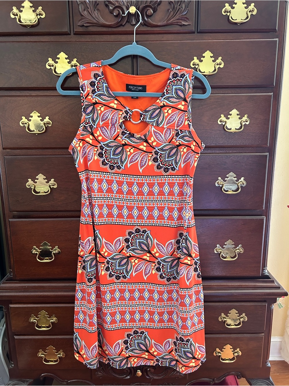 Perceptions Orange Floral Print Sleeveless Dress Size Large